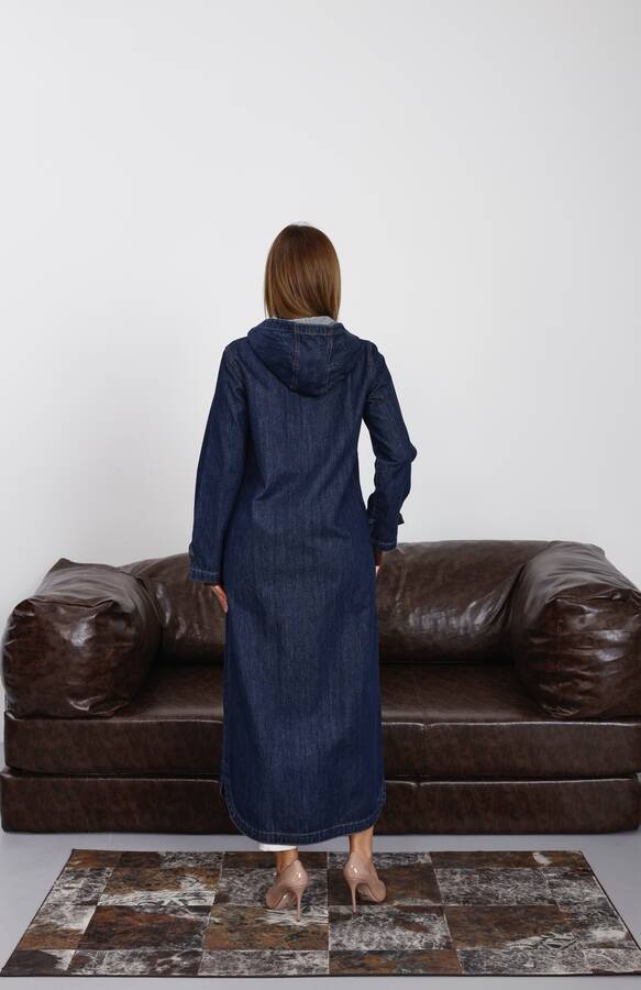 6329-Denim Kapşonlu kap Koyu Mavi