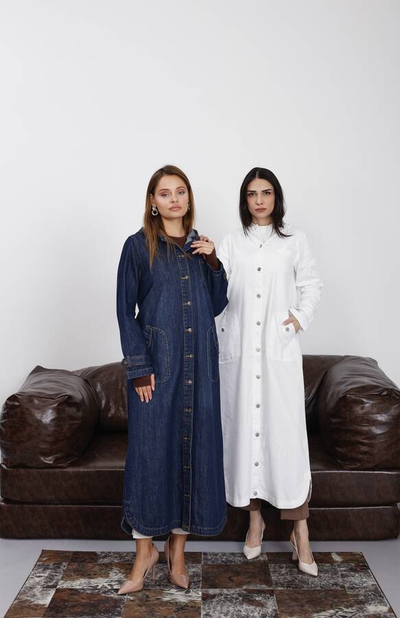 6329-Denim Kapşonlu kap Koyu Mavi