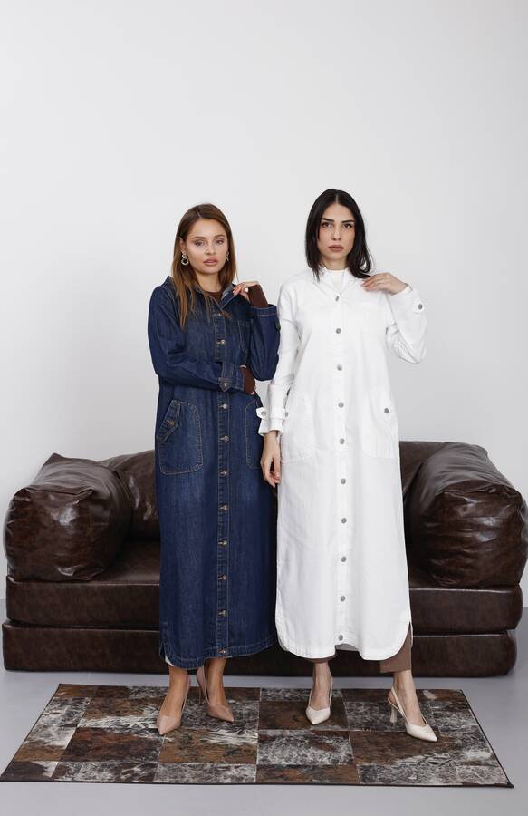 6329-Denim Kapşonlu kap Koyu Mavi