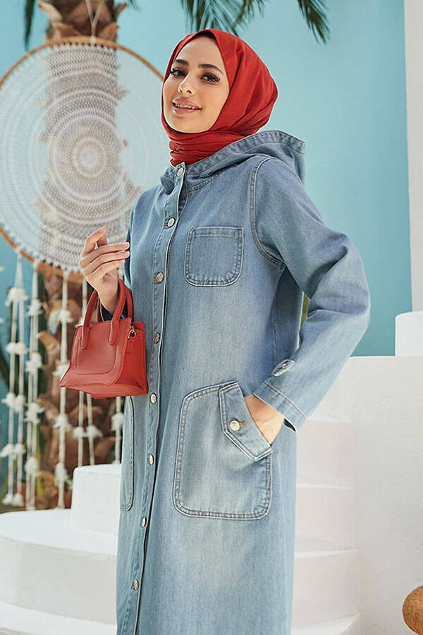 6329-Denim Kapşonlu kap Mavi