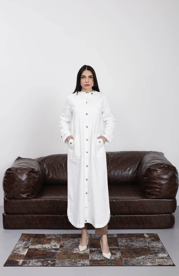 6329-Denim Kapşonlu Kap Beyaz