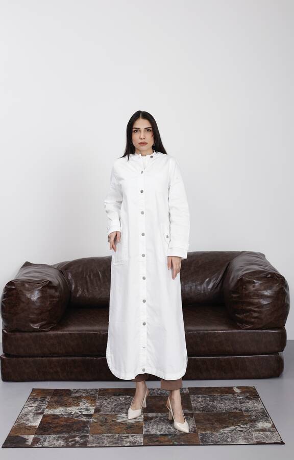 6329-Denim Kapşonlu Kap Beyaz