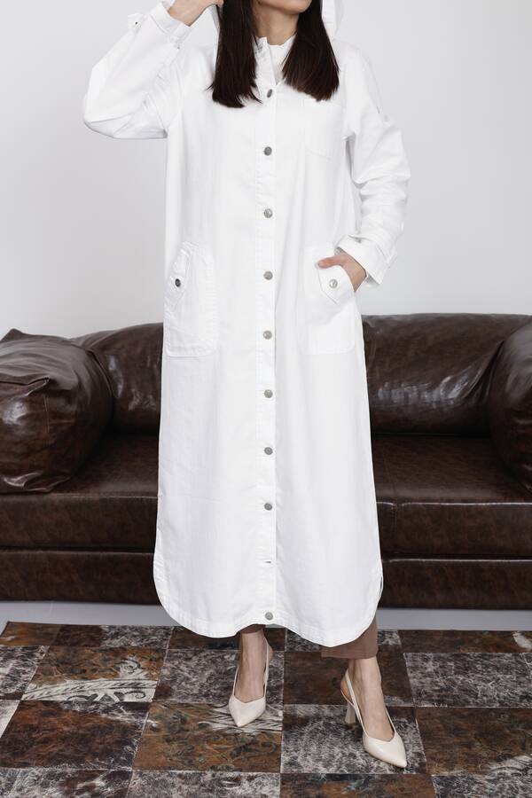 6329-Denim Kapşonlu Kap Beyaz