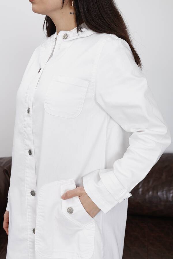 6329-Denim Kapşonlu Kap Beyaz