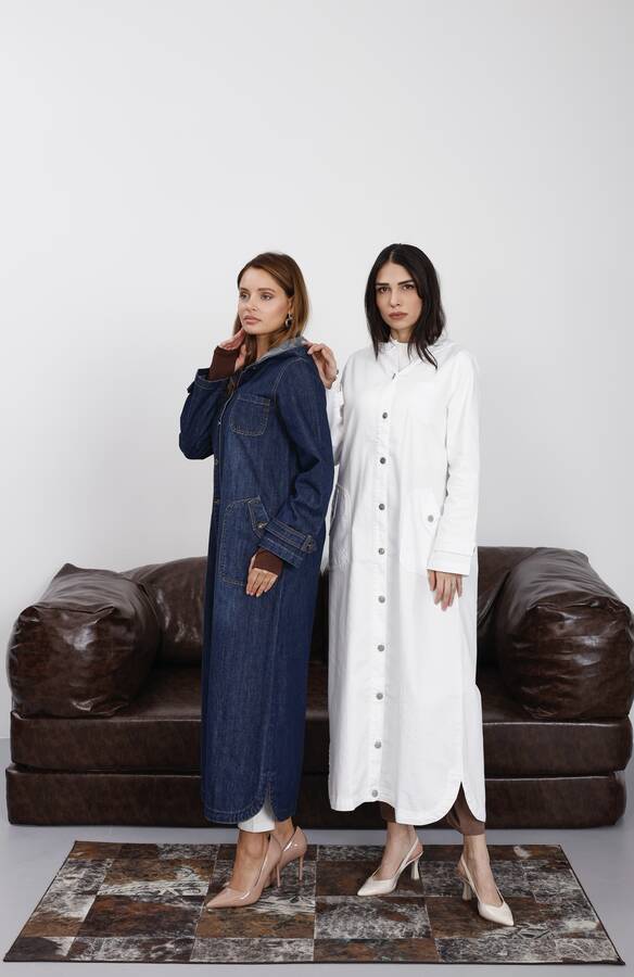 6329-Denim Kapşonlu Kap Beyaz
