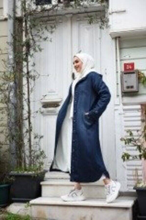 6329-Kapşonlu Kürklü Kap Lacivert