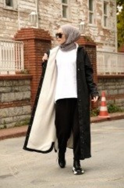 Neways - 6329-Kapşonlu Kürklü Kap Siyah