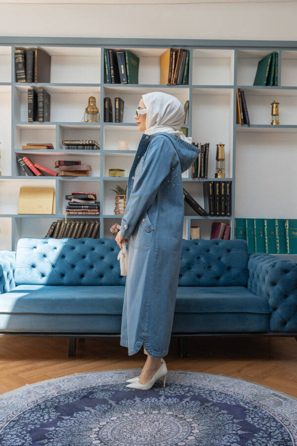 6329-Taşlı Denim Kapşonlu Kap Mavi