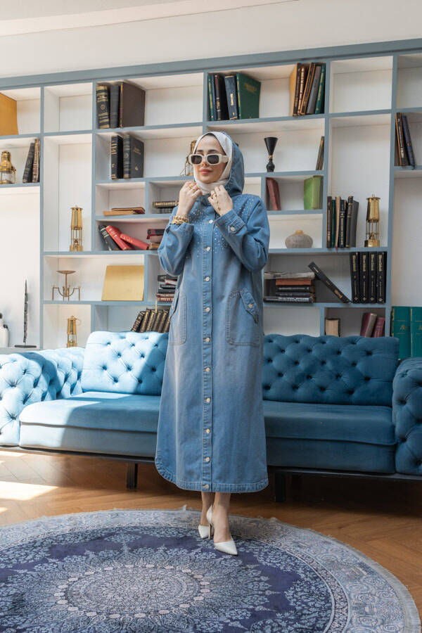 6329-Taşlı Denim Kapşonlu Kap Mavi