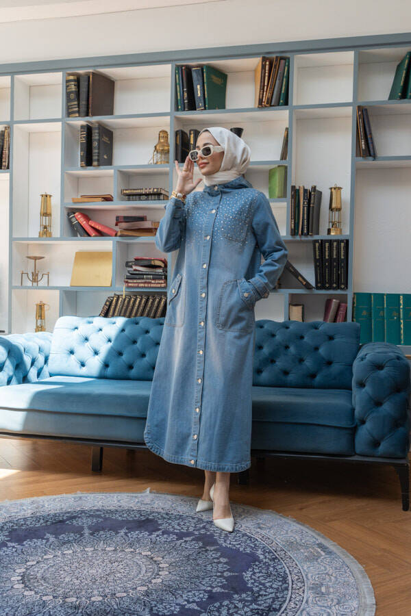 6329-Taşlı Denim Kapşonlu Kap Mavi