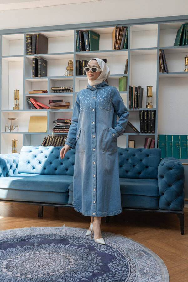 6329-Taşlı Denim Kapşonlu Kap Mavi