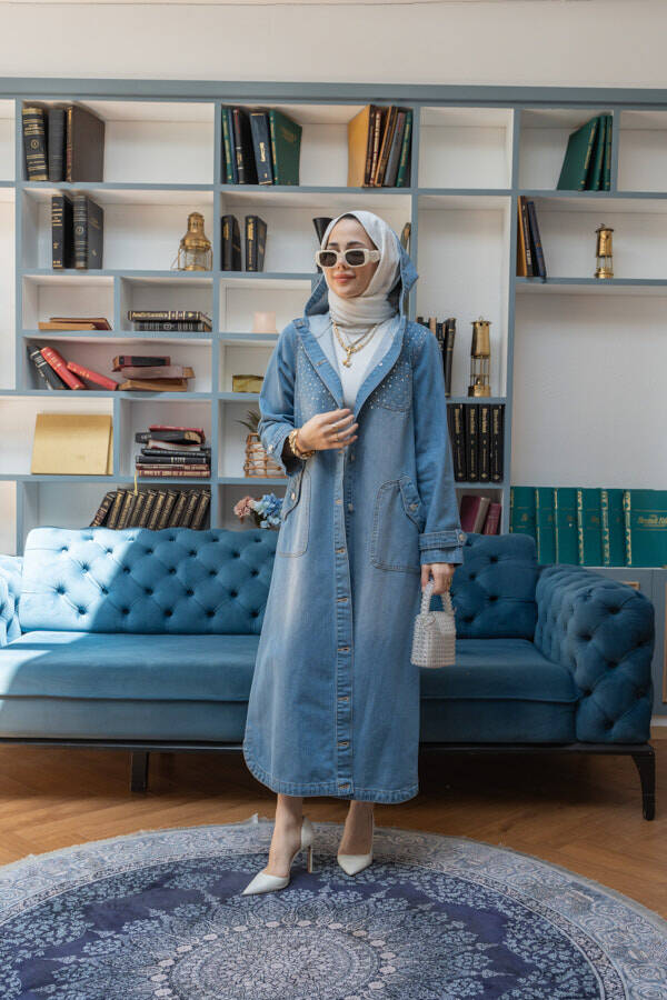 6329-Taşlı Denim Kapşonlu Kap Mavi