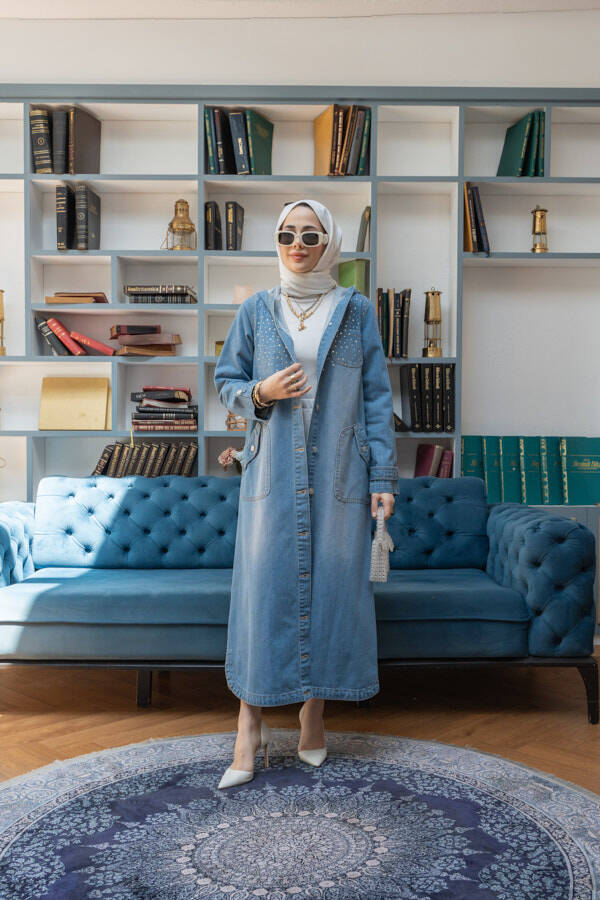 6329-Taşlı Denim Kapşonlu Kap Mavi