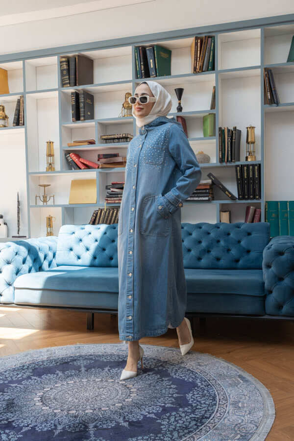 6329-Taşlı Denim Kapşonlu Kap Mavi