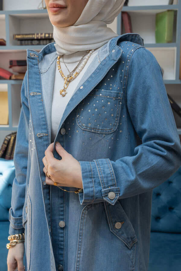 6329-Taşlı Denim Kapşonlu Kap Mavi