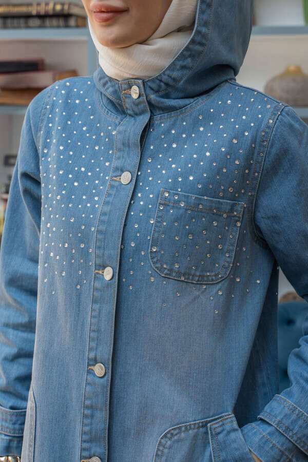 6329-Taşlı Denim Kapşonlu Kap Mavi