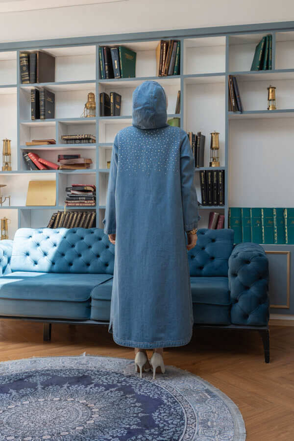6329-Taşlı Denim Kapşonlu Kap Mavi