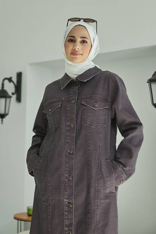 6373 -Denim Uzun Ceket Bordo