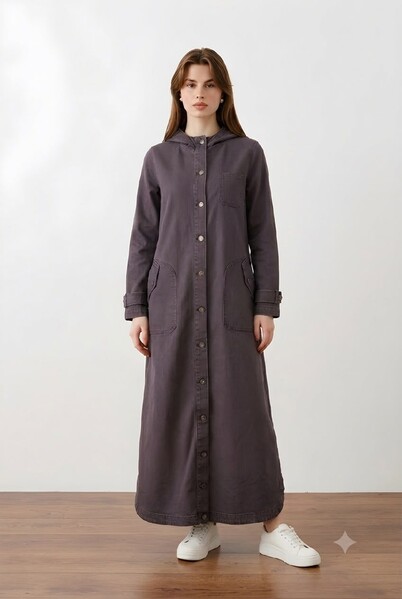 Neways - 6373 -Denim Uzun Ceket Bordo