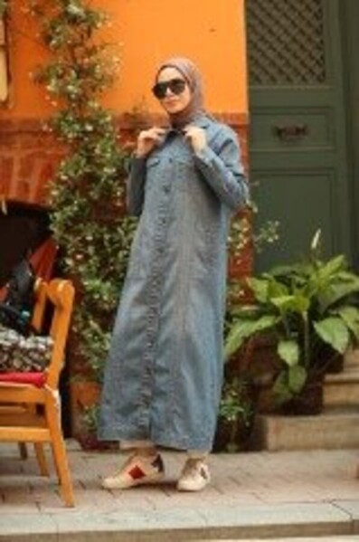 Neways - 6373 - Denim Uzun Ceket Koyu Mavi