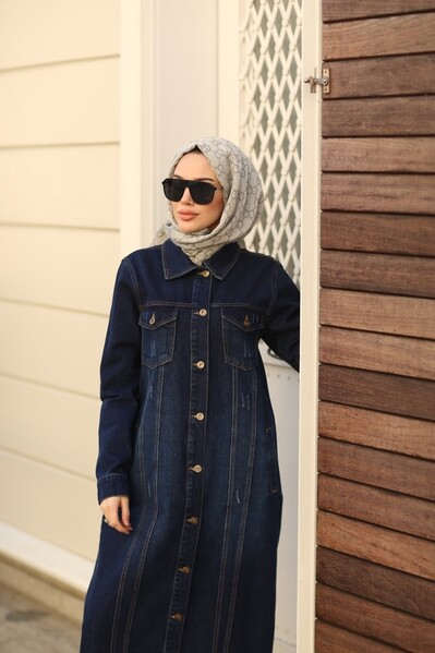 Neways - 6373 -Denim Uzun Ceket Lacivert