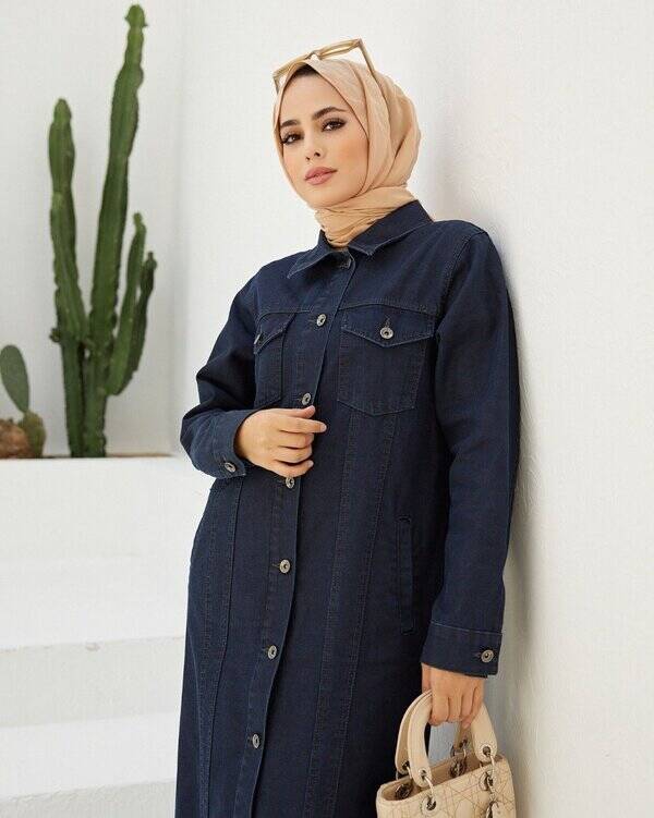 6373 - Denim Uzun Ceket Lacivert