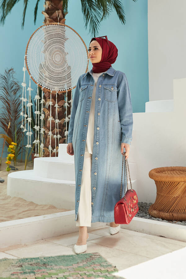 6373 -Denim Uzun Ceket Mavi