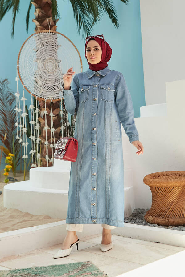 6373 -Denim Uzun Ceket Mavi