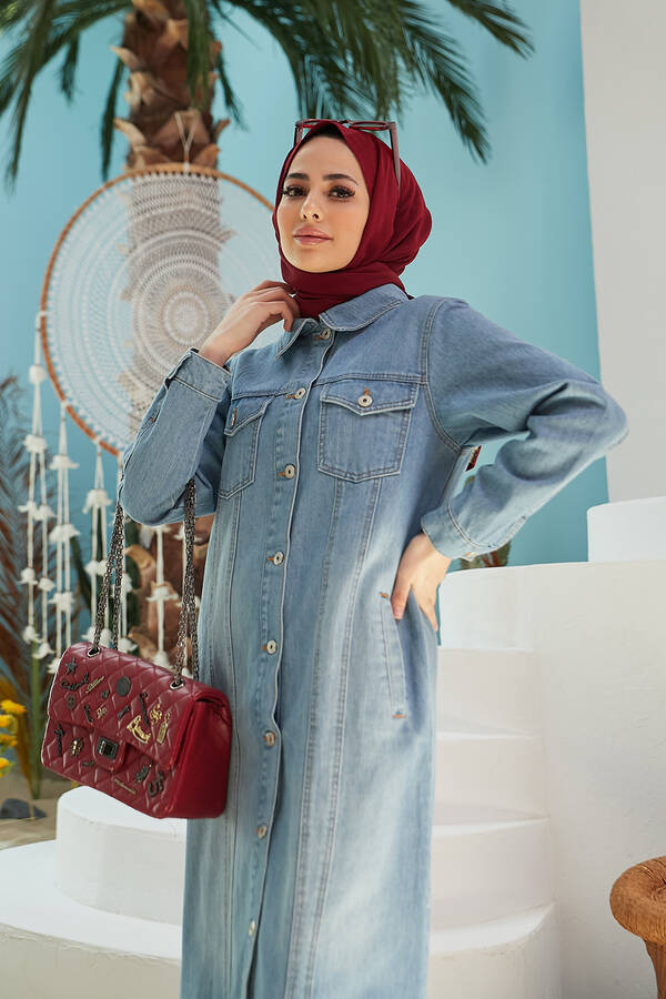 6373 -Denim Uzun Ceket Mavi