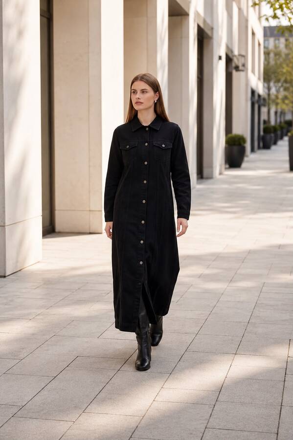 6373 -Denim Uzun Ceket Siyah