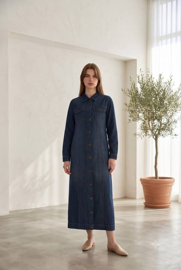 6373 -Denim Uzun Ceket Koyu Mavi