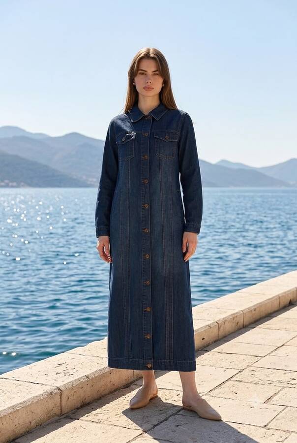 6373 -Denim Uzun Ceket Koyu Mavi