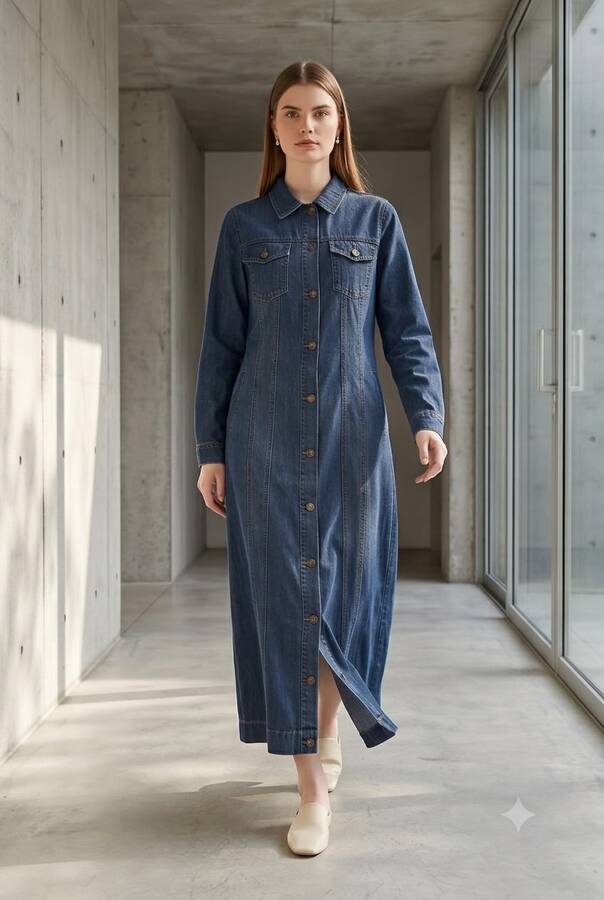 6373 -Denim Uzun Ceket Koyu Mavi