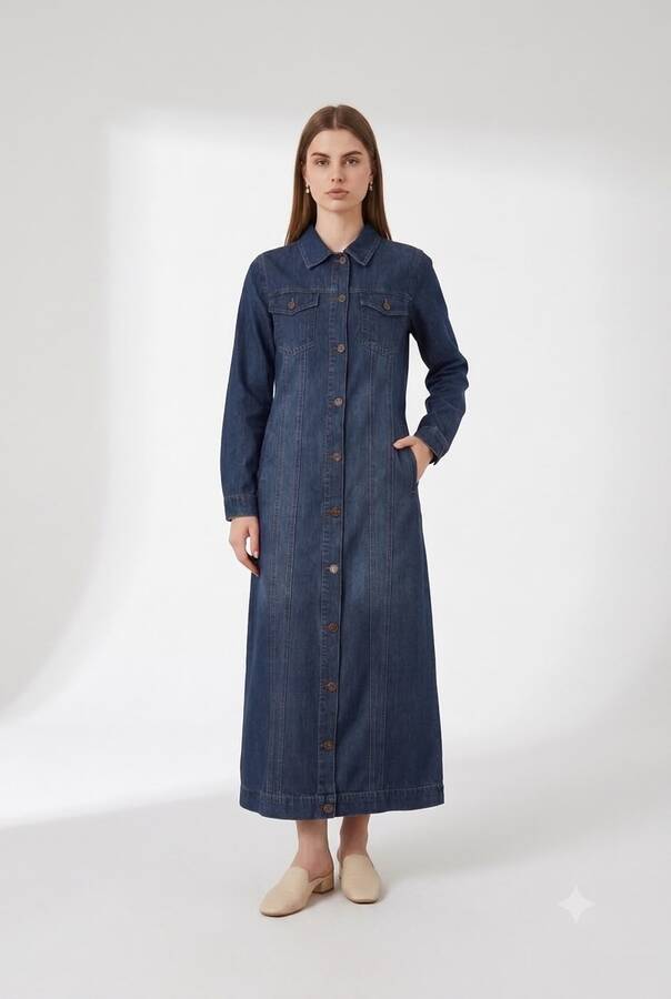 6373 -Denim Uzun Ceket Koyu Mavi