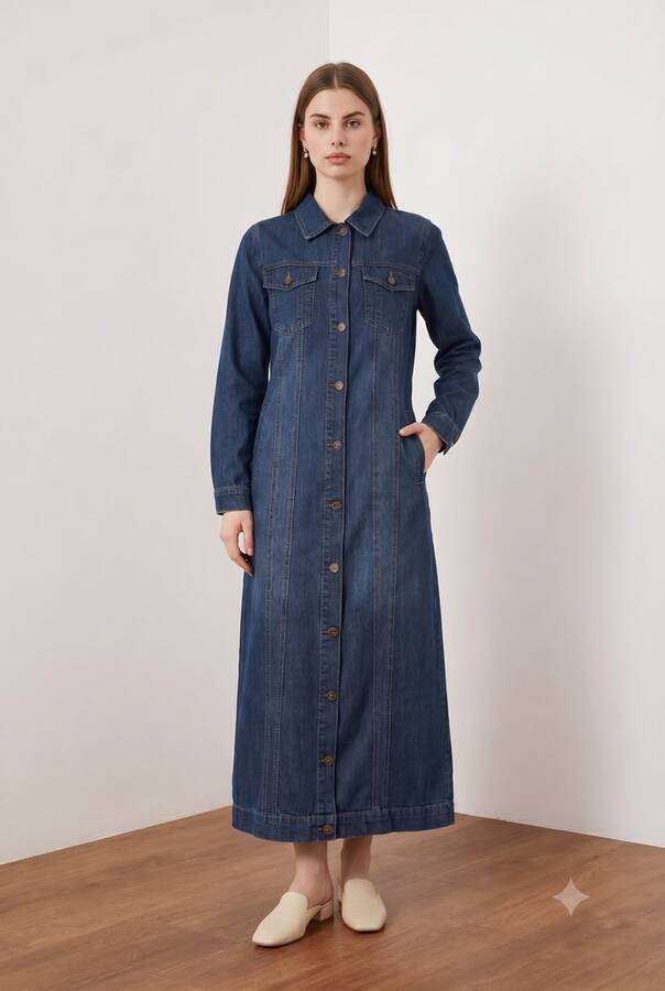 6373 -Denim Uzun Ceket Koyu Mavi