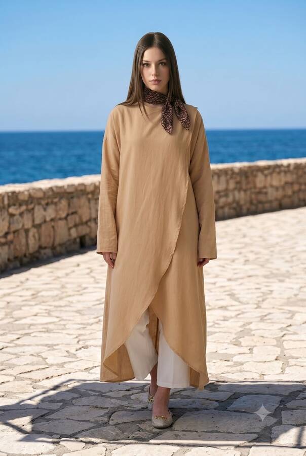 6394-Denim Parça Boya Standart Tunik Bej