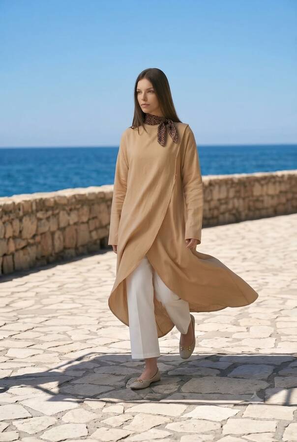 6394-Denim Parça Boya Standart Tunik Bej