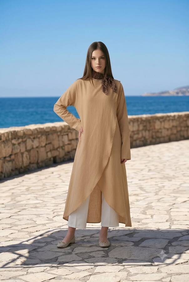 6394-Denim Parça Boya Standart Tunik Bej