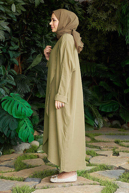 6394-Denim Parça Boya Standart  Tunik Haki - 3