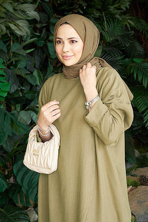 6394-Denim Parça Boya Standart  Tunik Haki - 4