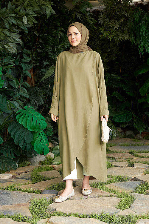 6394-Denim Parça Boya Standart  Tunik Haki - 2