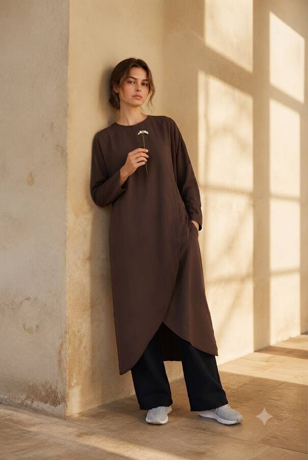 6394-Denim Parça Boya Standart Tunik Kahve