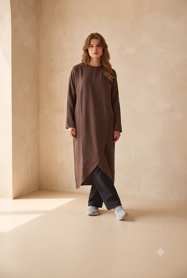 6394-Denim Parça Boya Standart Tunik Kahve