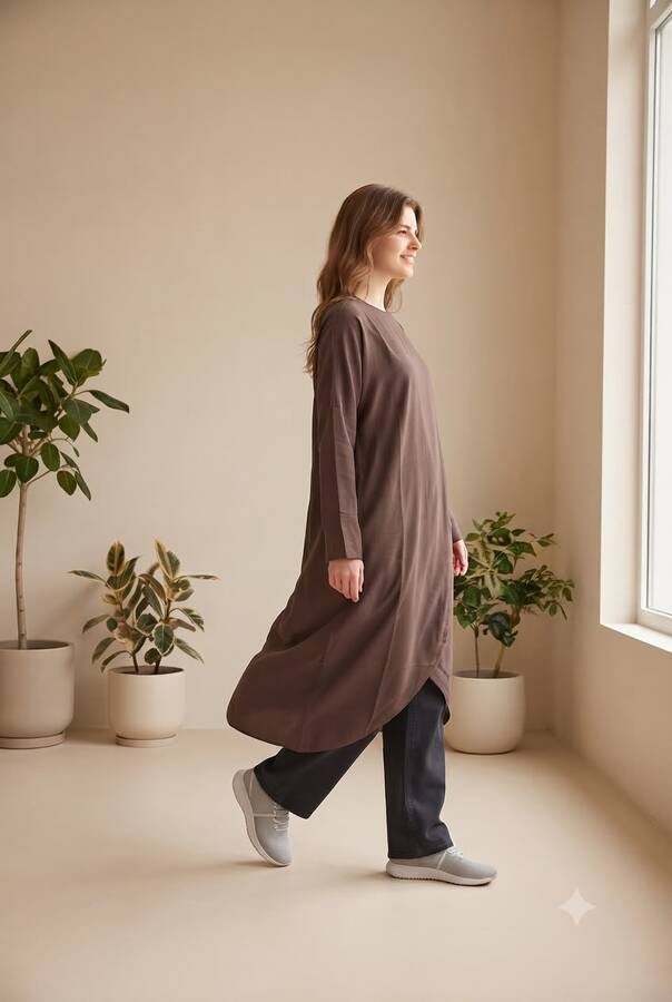 6394-Denim Parça Boya Standart Tunik Kahve