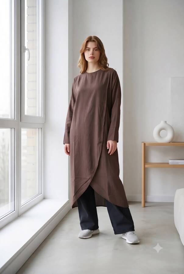 6394-Denim Parça Boya Standart Tunik Kahve