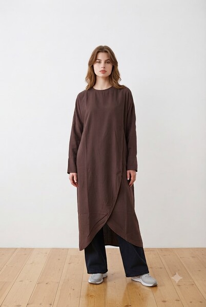 Neways - 6394-Denim Parça Boya Standart Tunik Kahve