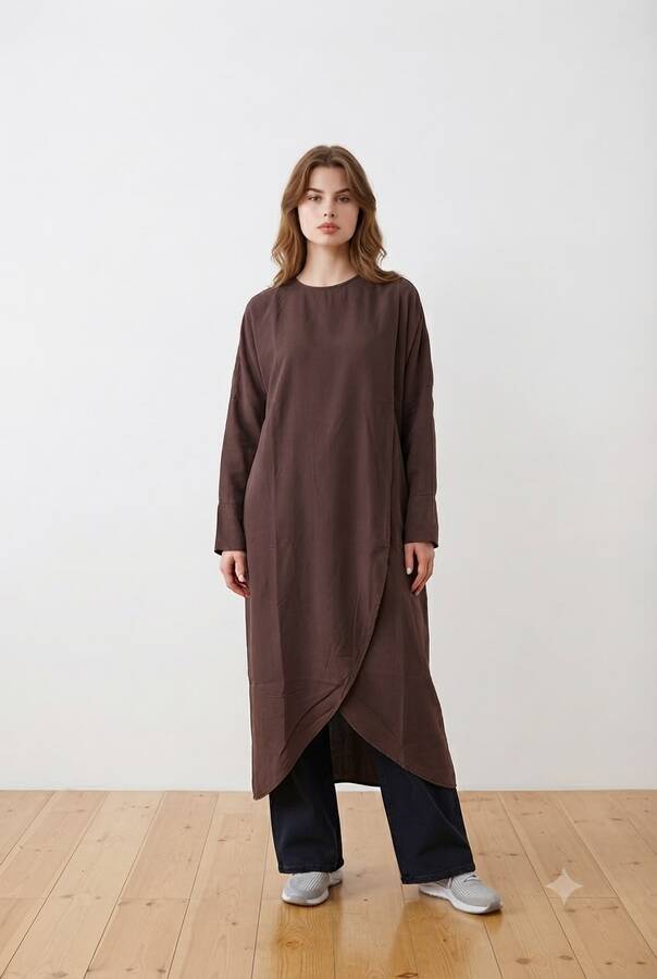 6394-Denim Parça Boya Standart Tunik Kahve