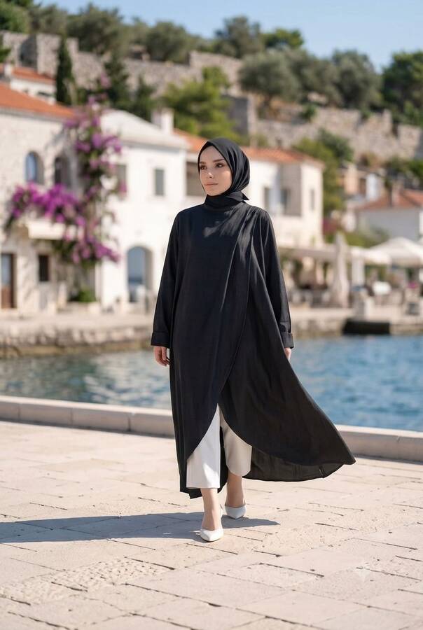 6394-Denim Parça Boya Standart Tunik Siyah