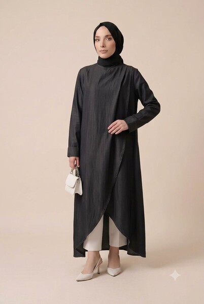 Neways - 6394-Denim Parça Boya Standart Tunik Siyah