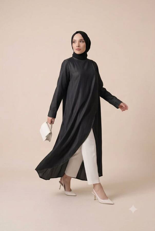 6394-Denim Parça Boya Standart Tunik Siyah